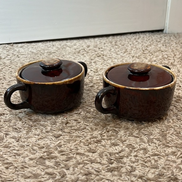 Vintage Brown Drip Glaze Sugar Bean Pots w/ Lids - Set of Two - Picture 2 of 6